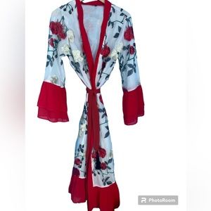 Vintage Floral Embroidery Red Robe Bell Sleeve Oriental Size S